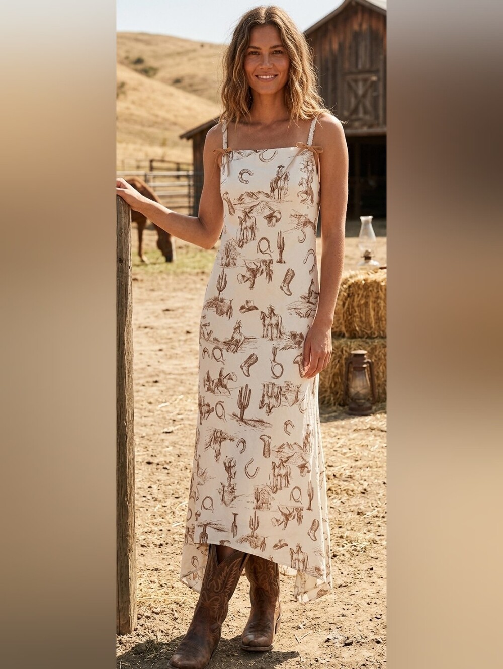 ​The Workshop Western Toile Maxi Slip Dress Size Large L Cream Brown Cowboy Boot